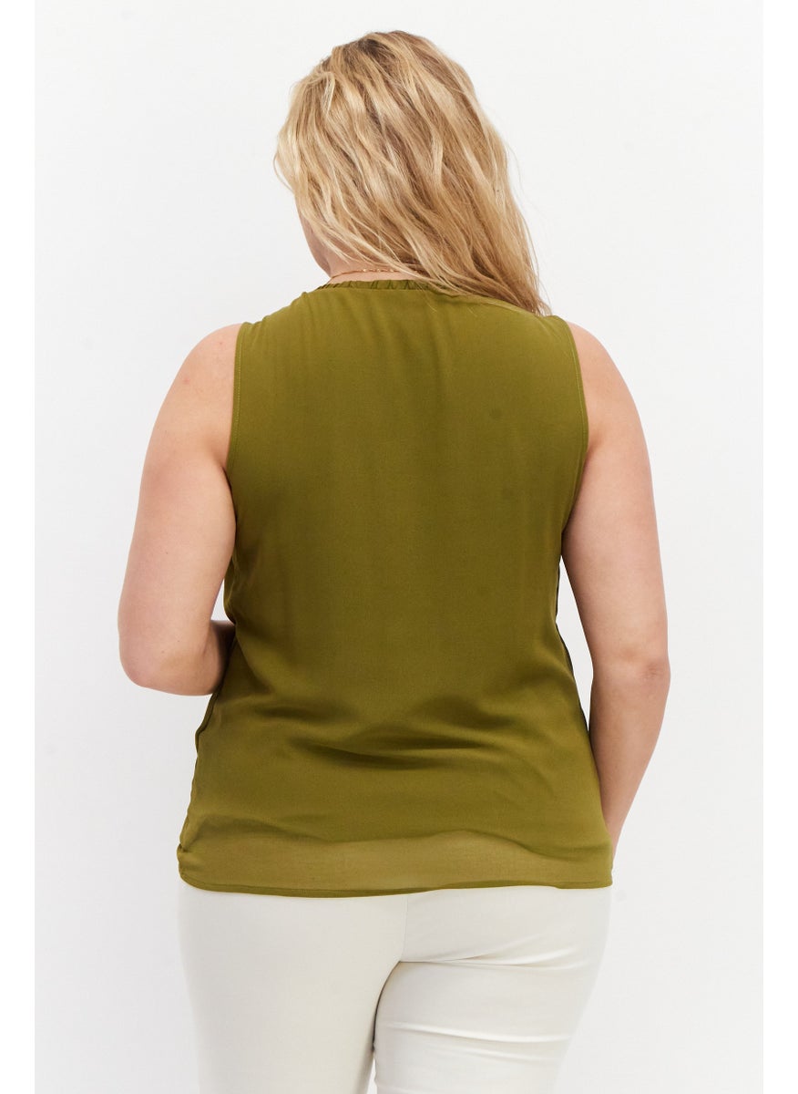 Zero Women Round Neck Sleeveless Plain Blouse, Dark Olive  - Image 4