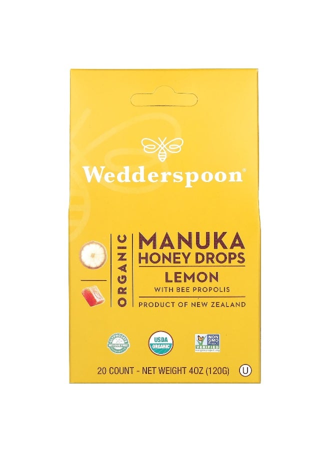 Wedderspoon Wedderspoon, Organic Manuka Honey Drops, Lemon With Bee Propolis, 20 Count, 4 oz (120 g)  - Image 1