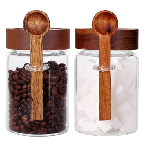 SAIOOL Sugar Jar with Lid and Spoon Set of 2 16 OZ Tea Canisters for Loose Tea Jars with Screw Mouth Coffee Container for Ground Retro Style Truly Airtight