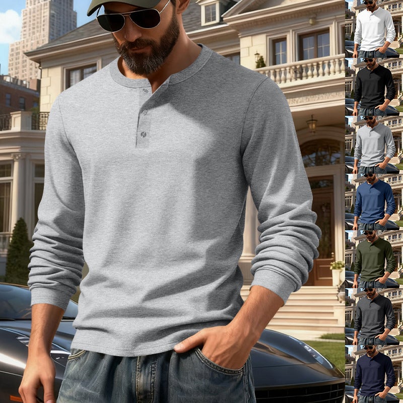 Cross-Border Style Spring and Autumn Men''s Outdoor Casual Light Luxury Simple Commuter Henley Shirt Long-Sleeve Base Shirt for Men - Image 2