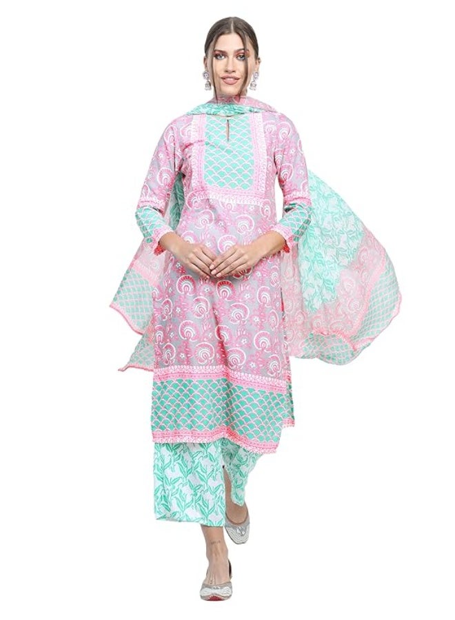 Vishudh Women's Ethnic Set | Regular Fit | Fashion Outfit | with Comfortable Wear GREEN/PINK L - Image 5