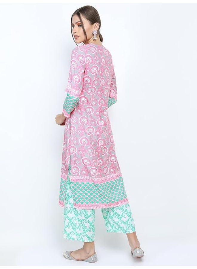 Vishudh Women's Ethnic Set | Regular Fit | Fashion Outfit | with Comfortable Wear GREEN/PINK L - Image 4