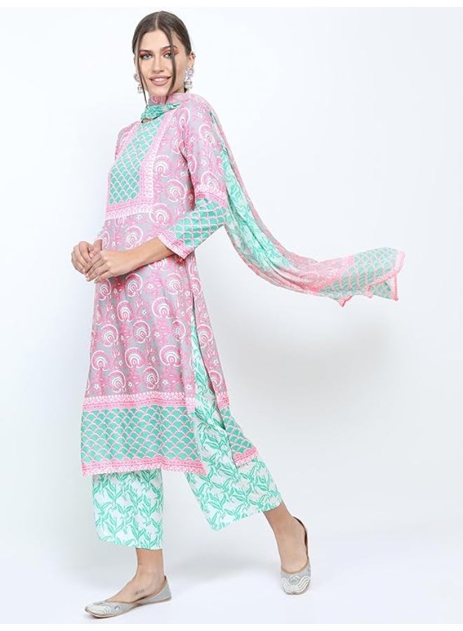 Vishudh Women's Ethnic Set | Regular Fit | Fashion Outfit | with Comfortable Wear GREEN/PINK L - Image 1