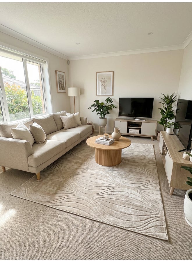 Noon East Carpet Rug Woven with Soft Texture |Polygon Rhythm Design  - Beige  | Size - 160x230 cm - 5x7.5 ft | For Medium Sized Family room, Bedroom with queen beds, 4-6 seater Dinning area, Entry hallways & Foyers - Image 3