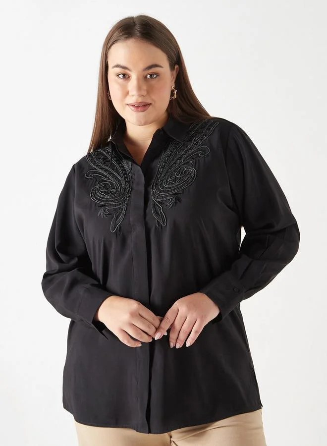 Ulla Popken Plus Size Ulla Popken Embroidered Shirt with Long Sleeves