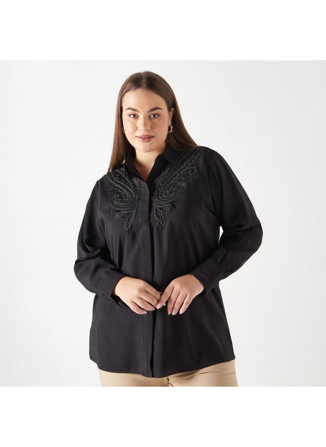 Ulla Popken Plus Size Ulla Popken Embroidered Shirt with Long Sleeves  - Image 1