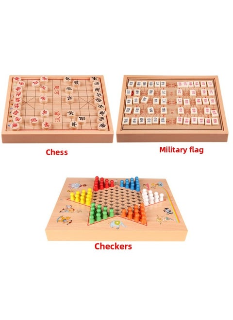 Wooden Game Flying Chess Checkers Gobang Chess Colosseum Chess Go Children's Educational Toys Multifunctional Chessboard-Color:Cover Three-in-one: Jump + Elephant + Army
