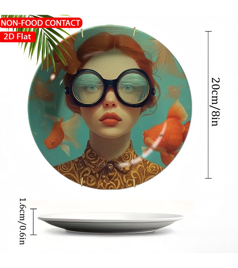 1pc Elegant Ceramic Decorative Plate 200mm Underwater Fashion Goggles Orange Theme Home Desk Ornament Living Room Bedroom Decor Suitable For Family Study Office Gift Holiday Decoration - Image 3