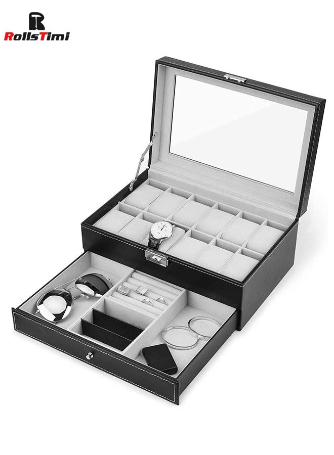 RollsTimi  Multipurpose Watch Box 12 Slots 2 Layers with Clear Top PU Leather Watch Display Case, Watch Box Jewelry Organizer Black  - Image 1