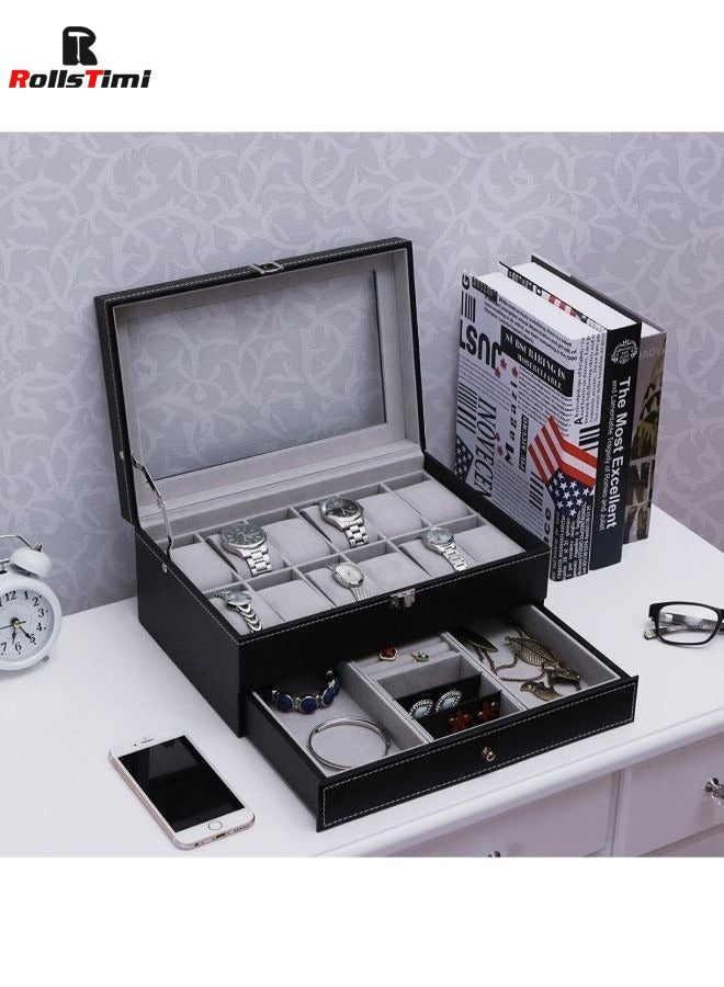 RollsTimi  Multipurpose Watch Box 12 Slots 2 Layers with Clear Top PU Leather Watch Display Case, Watch Box Jewelry Organizer Black  - Image 2