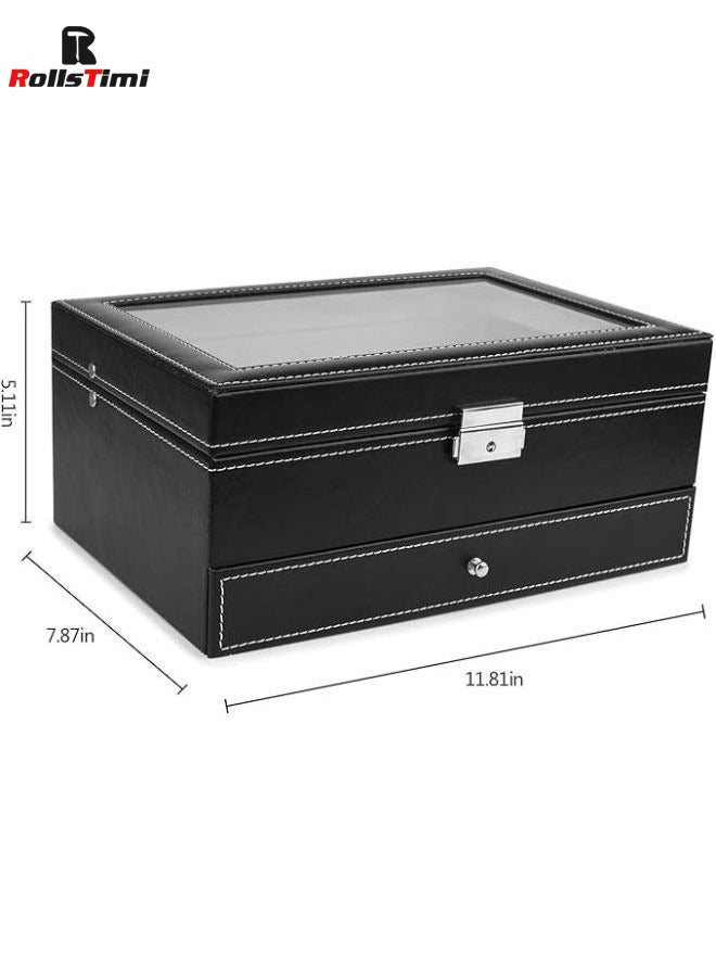 RollsTimi  Multipurpose Watch Box 12 Slots 2 Layers with Clear Top PU Leather Watch Display Case, Watch Box Jewelry Organizer Black  - Image 3