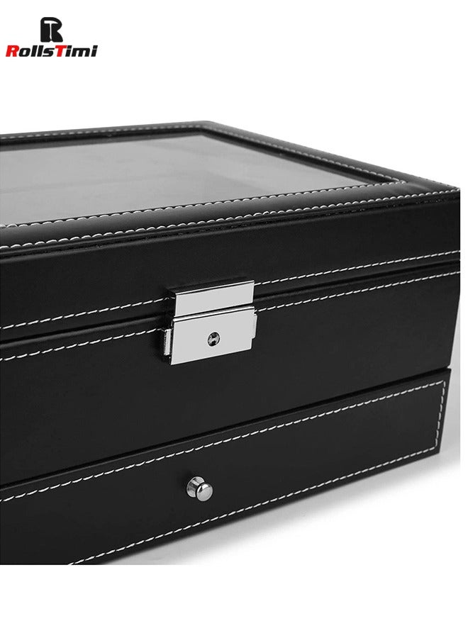 RollsTimi  Multipurpose Watch Box 12 Slots 2 Layers with Clear Top PU Leather Watch Display Case, Watch Box Jewelry Organizer Black  - Image 4