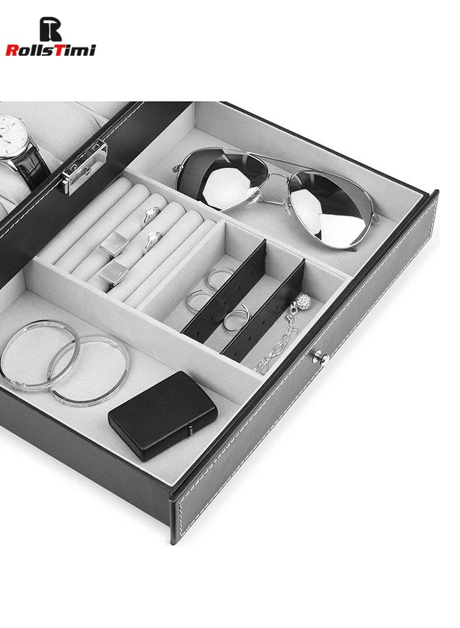 RollsTimi  Multipurpose Watch Box 12 Slots 2 Layers with Clear Top PU Leather Watch Display Case, Watch Box Jewelry Organizer Black  - Image 5