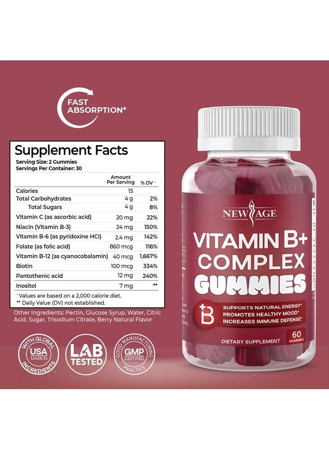 New Age Vitamin B Complex Gummies with Vitamin B3, B5, B6, B7, B9 & B12 – with Biotin, Folic Acid & Vitamin C – Gluten-Free, Vegan, Made in The USA! (120 Count (Pack of 2)) - Image 2