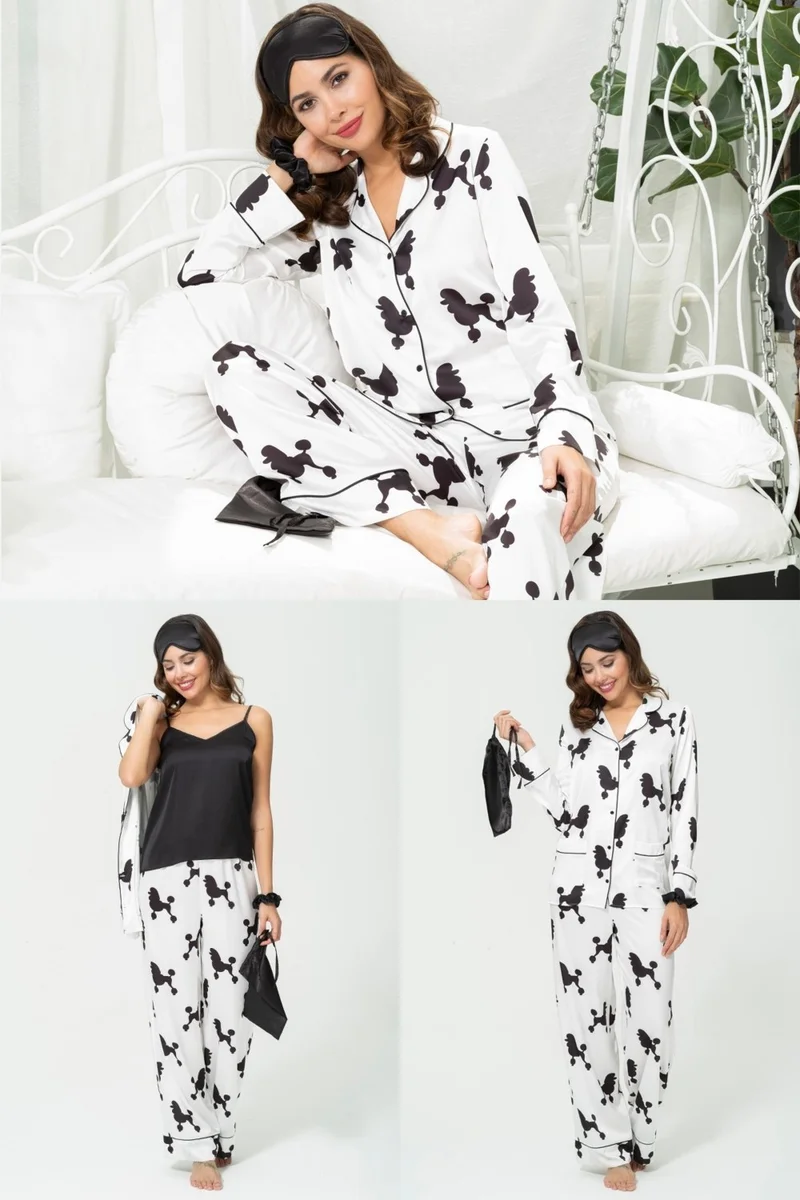 For You Sleepwear 6-Piece Dog Pattern White Satin Pajama Set S27225