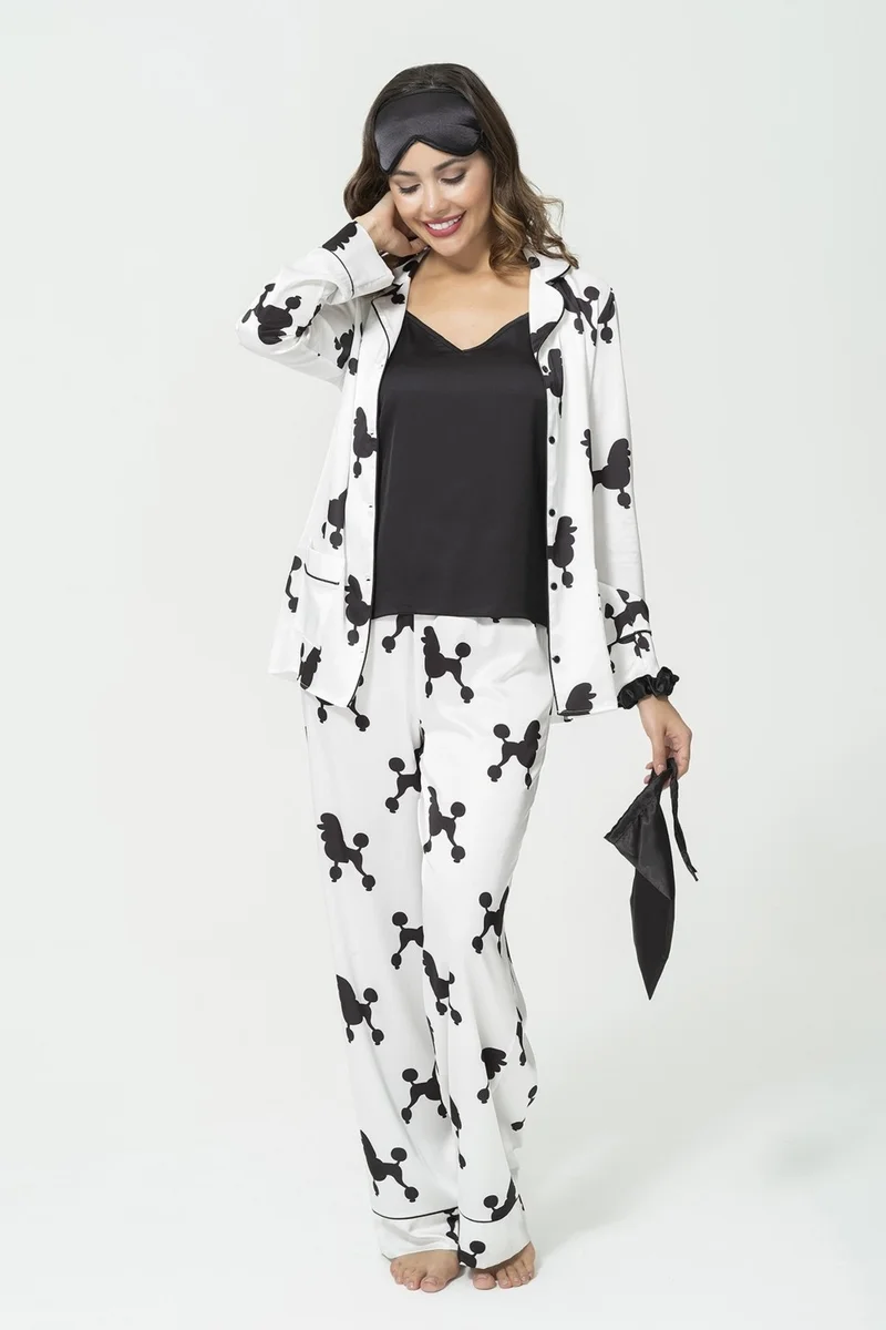 For You Sleepwear 6-Piece Dog Pattern White Satin Pajama Set S27225