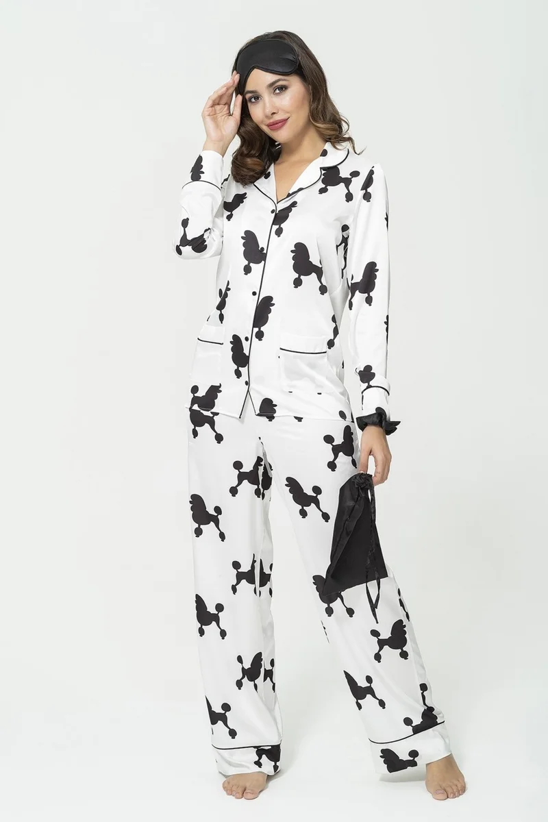 For You Sleepwear 6-Piece Dog Pattern White Satin Pajama Set S27225