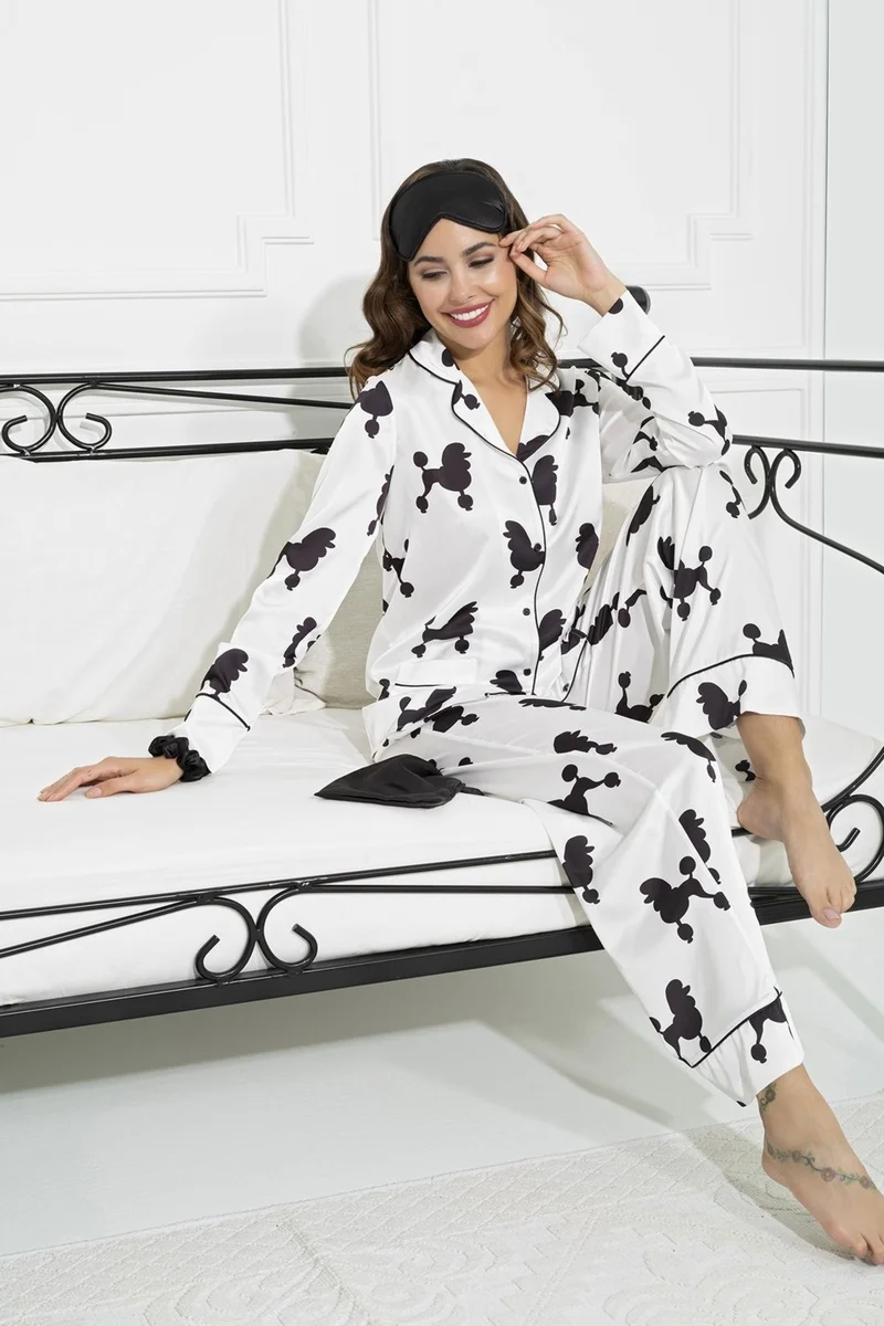 For You Sleepwear 6-Piece Dog Pattern White Satin Pajama Set S27225
