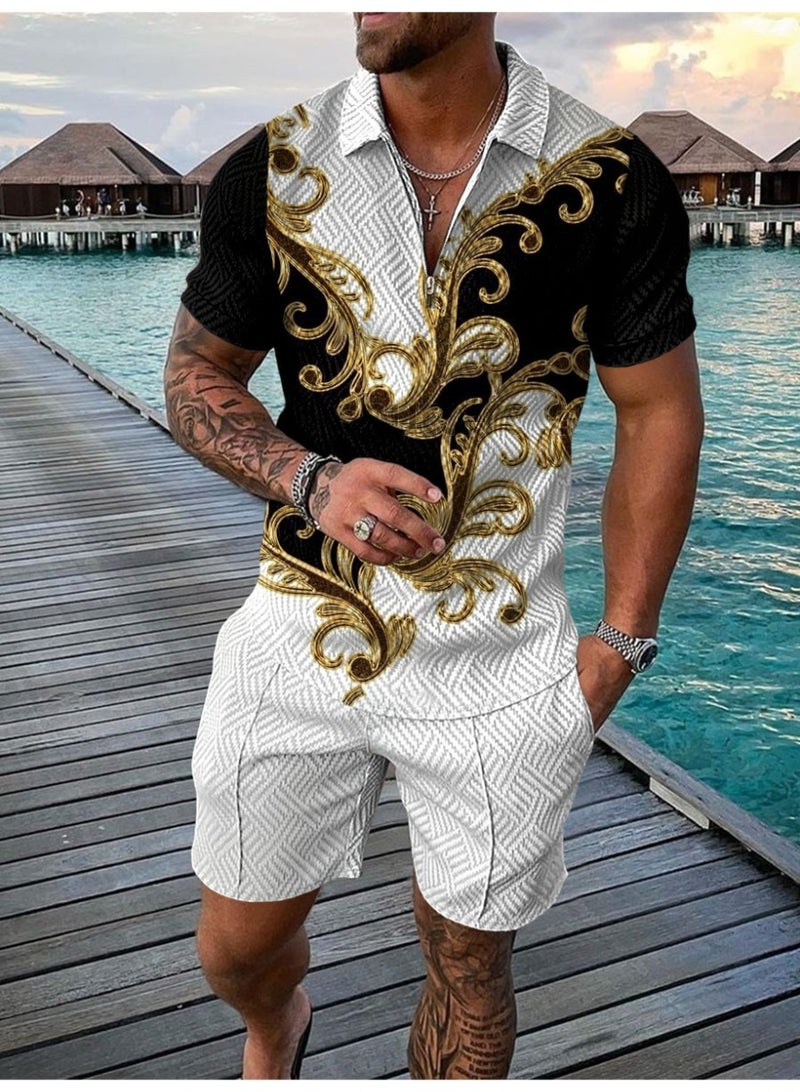 3D Printed Men's 2 Piece Sets Fashion Polo Shirt+Shorts Outfit Casual Short Sleeve Zipper Shirts Summer Hip Hop Streetwear - Image 1