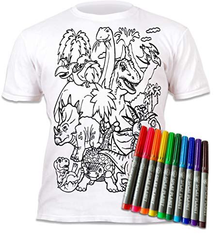 Splat Planet Color in Dinosaur T-Rex T-Shirt With 10 Non-Toxic Washable Magic Pens - Wash Out and Color Again (3-4 Years) - Image 1