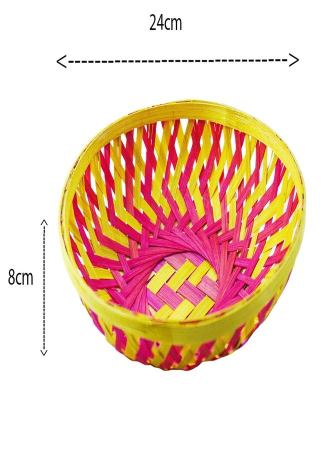 RED WIND Natural Bamboo Decortive Round Baskets – Pack of 6 (Pink & Brown, 24 x 24 x 8 cm) | Handwoven Bamboo Trays for Hampers, Festive Gifting, Home Decor, Storage & Return Gifts BG - Image 2