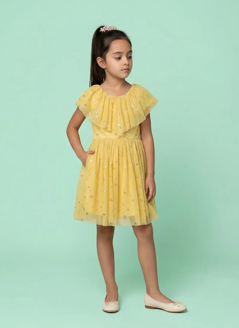 Nautinati Nautinati Girls' Fit & Flare Holographic Foil Printed Mesh Party Dress