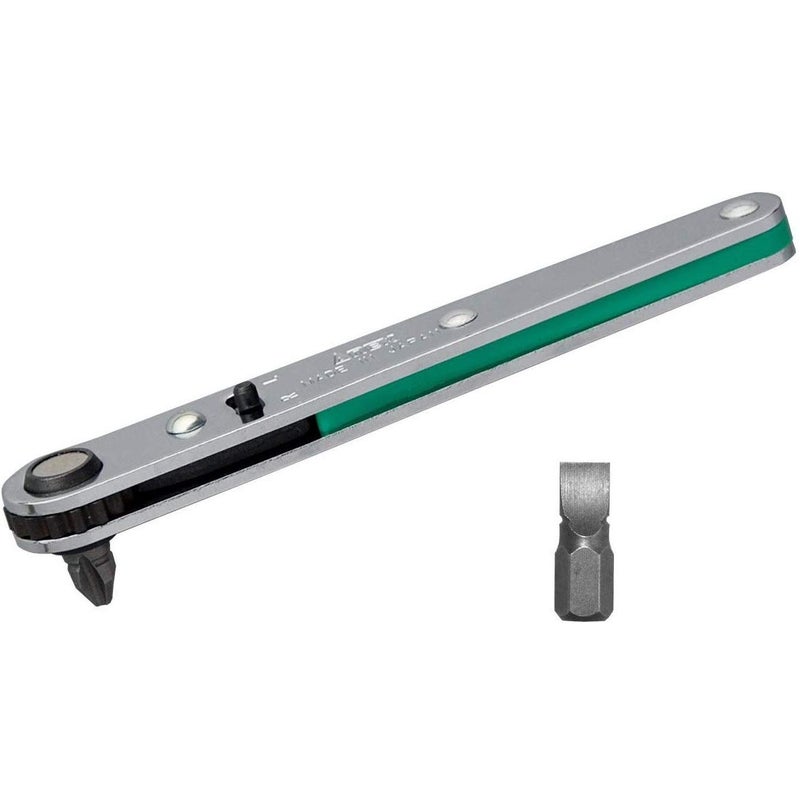 Anex Ultra Low Profile Offset Ratcheting Screwdriver 90 Degree Angled For Tight Area Magnetic 2 Bits Set Straight Flathead Green