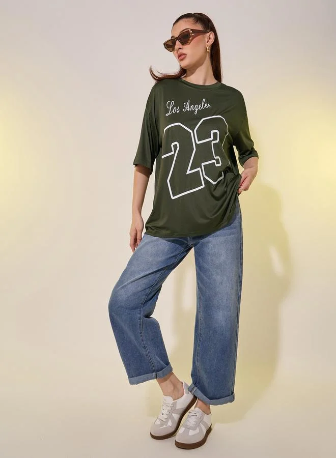 Take Two Take Two Women Khaki Graphic Printed Short Sleeve Oversized T-Shirt