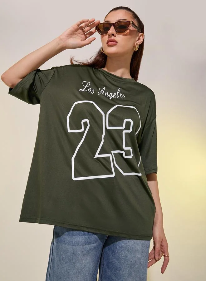 Take Two Take Two Women Khaki Graphic Printed Short Sleeve Oversized T-Shirt