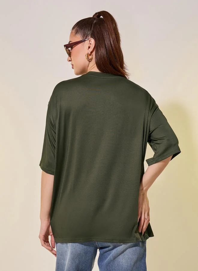 Take Two Take Two Women Khaki Graphic Printed Short Sleeve Oversized T-Shirt