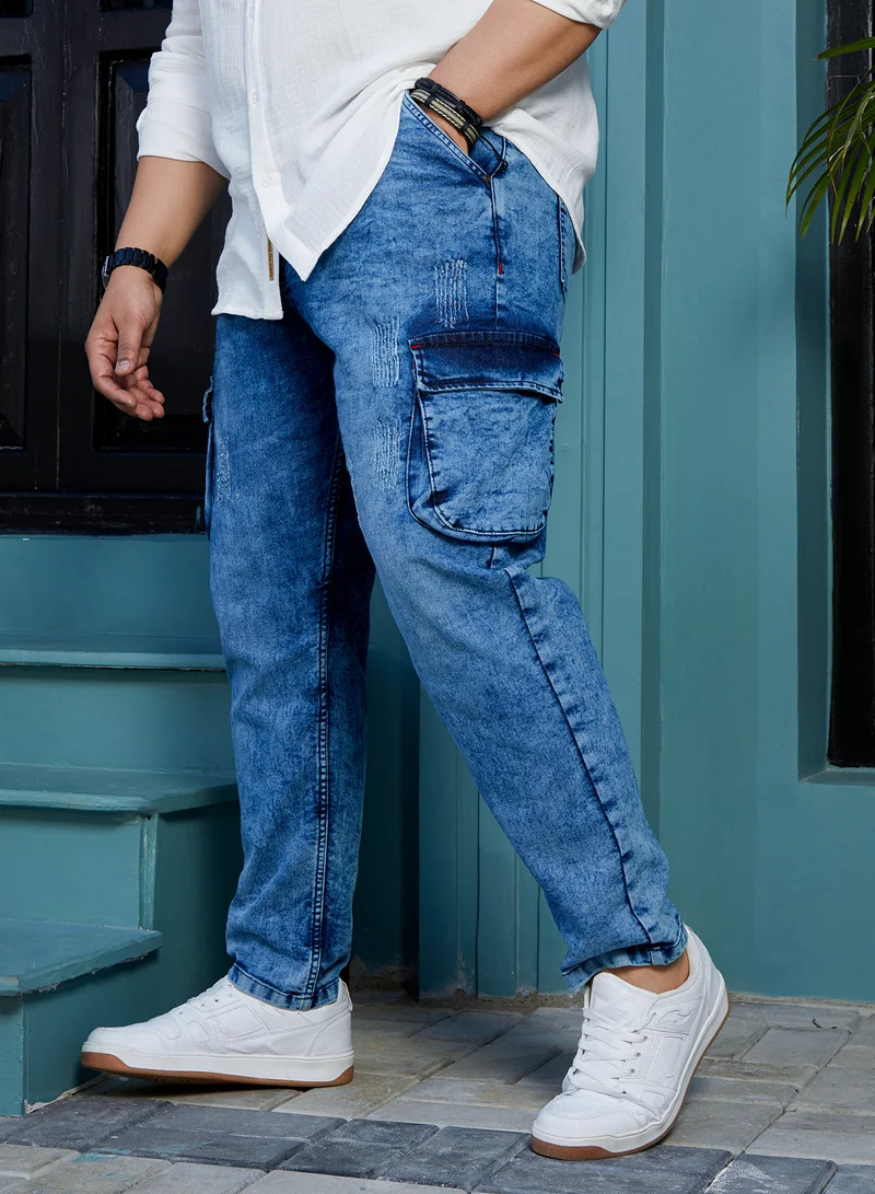 Instafab Plus  Instafab Plus Men's Indigo Blue Cargo Denim Jeans For Casual Wear | Mid-Rise | Regular Fit | Button Closure | Plus Size Denim Jeans Crafted With Comfort Fit For Everyday Wear for Men | Best Price UAE