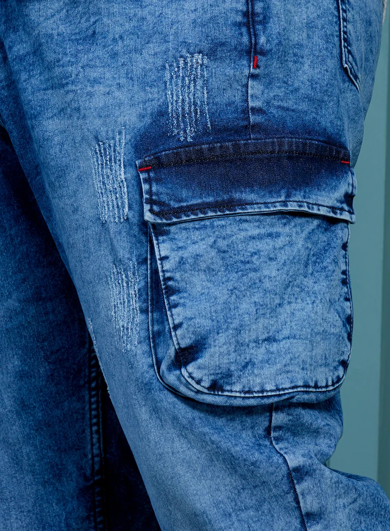 Instafab Plus  Instafab Plus Men's Indigo Blue Cargo Denim Jeans For Casual Wear | Mid-Rise | Regular Fit | Button Closure | Plus Size Denim Jeans Crafted With Comfort Fit For Everyday Wear for Men | Best Price UAE