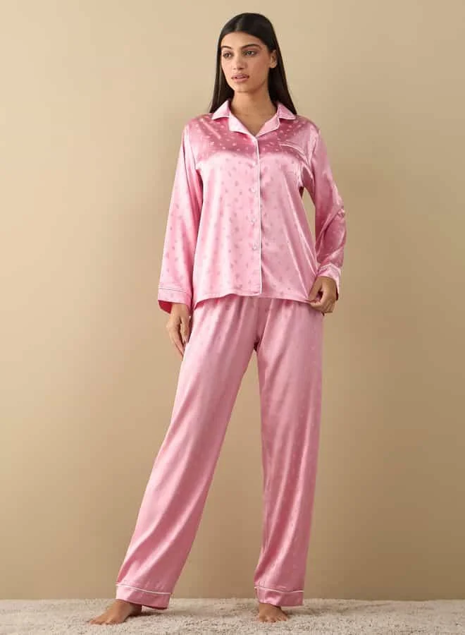 سبلاش فيڤ All-Over Leaf Print Long Sleeve Shirt and Elasticated Pyjama Set