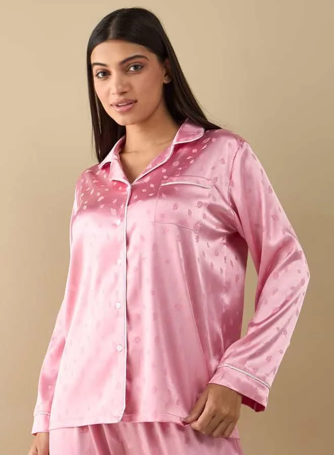 سبلاش فيڤ All-Over Leaf Print Long Sleeve Shirt and Elasticated Pyjama Set