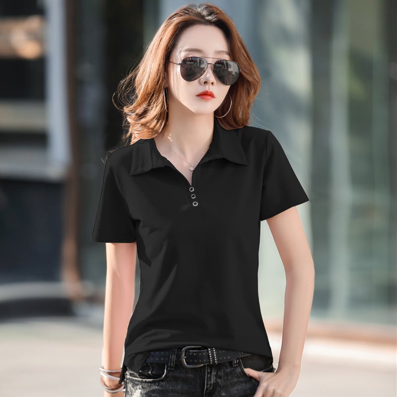 Womens Cotton Polo Casual Tee Spring Summer Black  - Image 5
