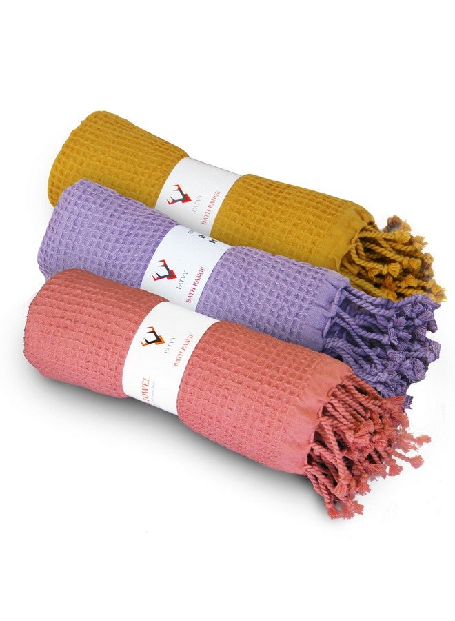 PATVY Bath Towels - 100% Cotton Waffle Weave Large Size Towels (75 x 150cm) - Quick Absorption &Faster Drying Bath Towel for Women & Men (Pack of 3, Lilac & Brick & Mustard Yellow) - Image 1