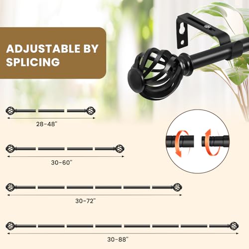 Luvenia Black Decorative Curtain Rod,Adjustable Curtain Rods For Windows 30 to 88 Inch(2.5-7.3Ft),Long Curtain Rod For Bedroom, Living Room,Kitchen,Farmhouse - Image 4