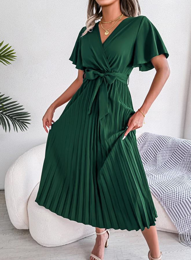 Take Two Green Pleated Maxi Dress with Tie-Belt - Image 2