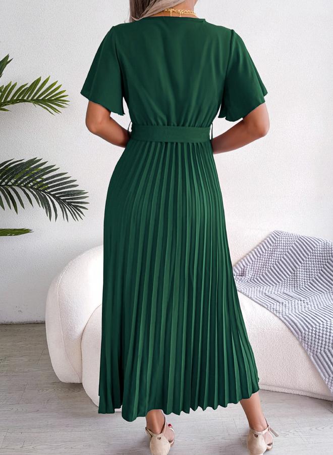 Take Two Green Pleated Maxi Dress with Tie-Belt - Image 3