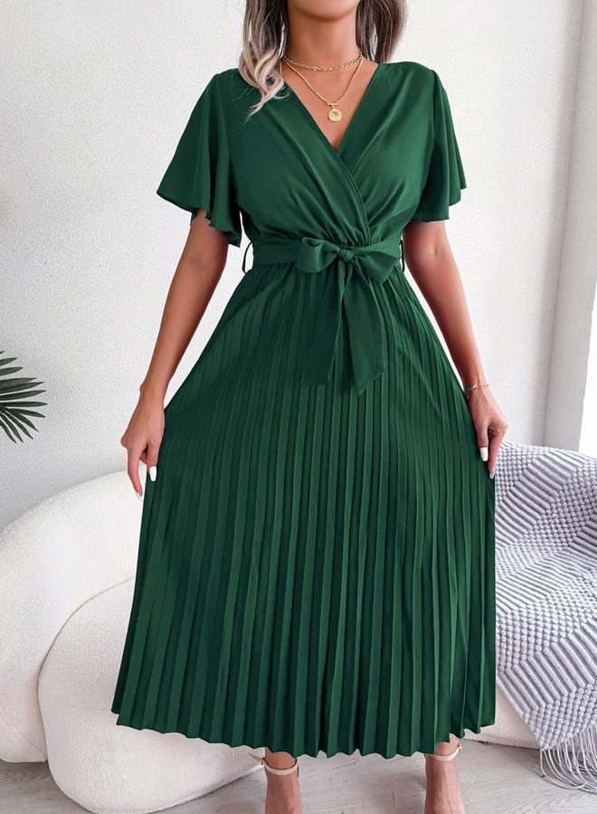 Take Two Green Pleated Maxi Dress with Tie-Belt - Image 1
