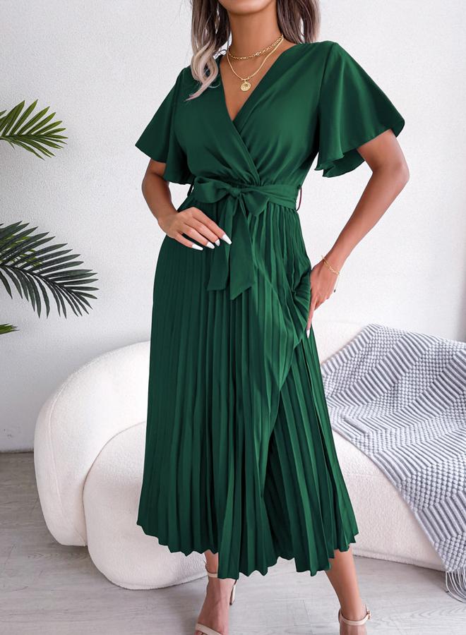 Take Two Green Pleated Maxi Dress with Tie-Belt - Image 5