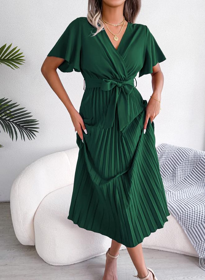 Take Two Green Pleated Maxi Dress with Tie-Belt - Image 4