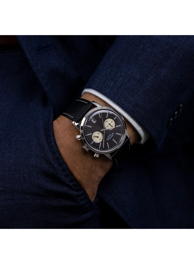 Rotary  Rotary Men's 1895 Stainless Steel Chronograph Black Leather Strap Watch - RGS10067/04 for Men | Best Price UAE