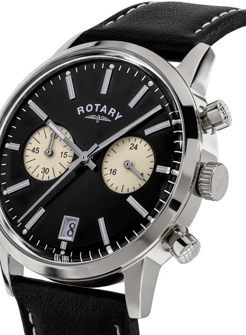 Rotary Men's 1895 Chronograph Watch, 40 mm, Black Dial, Black Leather Strap