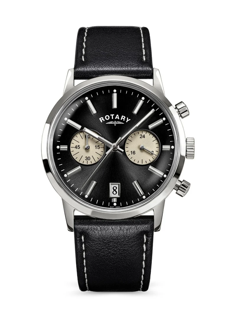 Rotary Men's 1895 Chronograph Watch, 40 mm, Black Dial, Black Leather Strap
