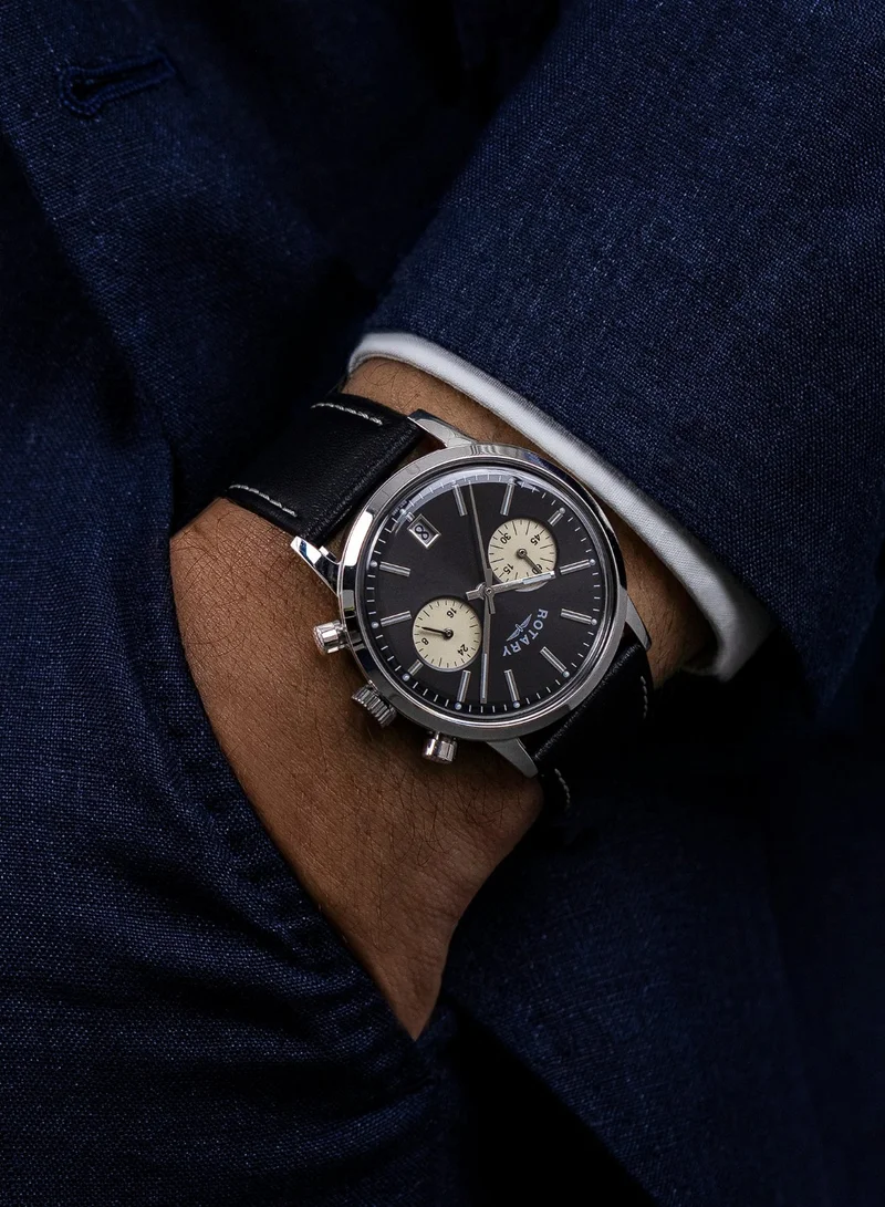 Rotary  Men's 1895 Chronograph Watch, 40 mm, Black Dial, Black Leather Strap for Men | Best Price UAE
