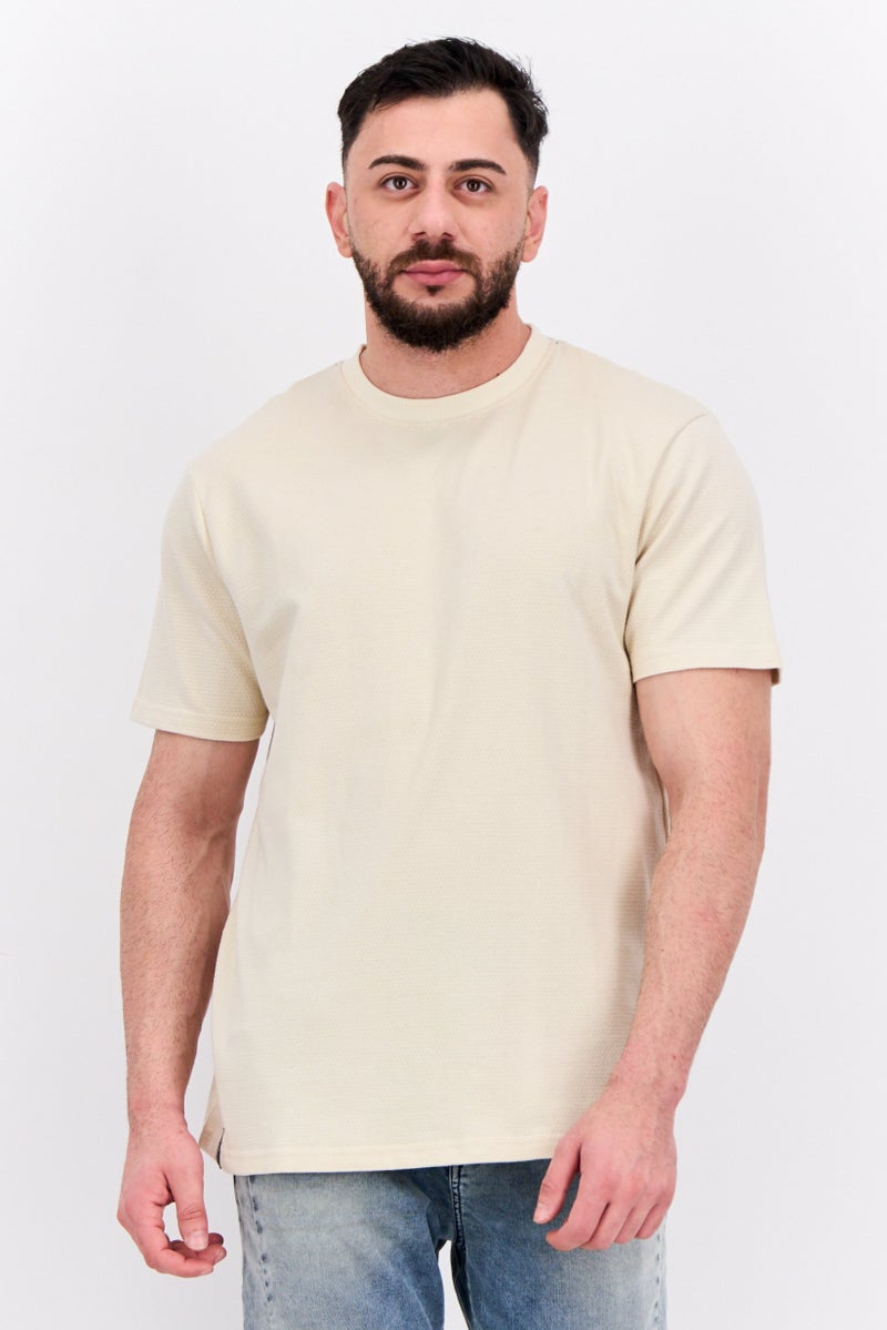 Threadbare Men Crew Neck Short Sleeves Textured Lesley T-Shirt, Beige - Image 1