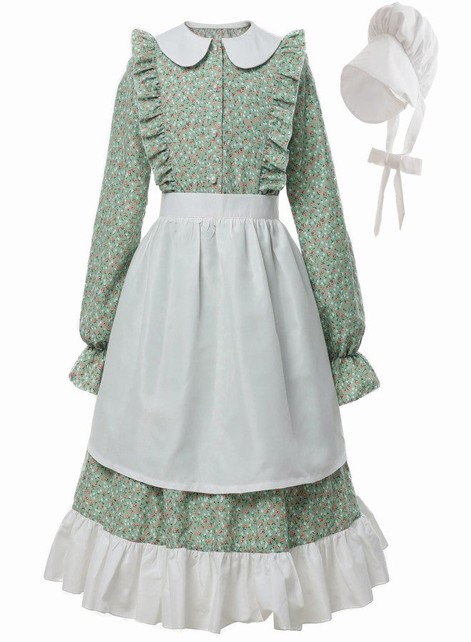 FCCAM FCCAM FCCAM Prairie Dresses for Girls Pioneer Costume 19th Century Long Sleeves Colonial Dress Green XXL age over 4 years old - Image 1