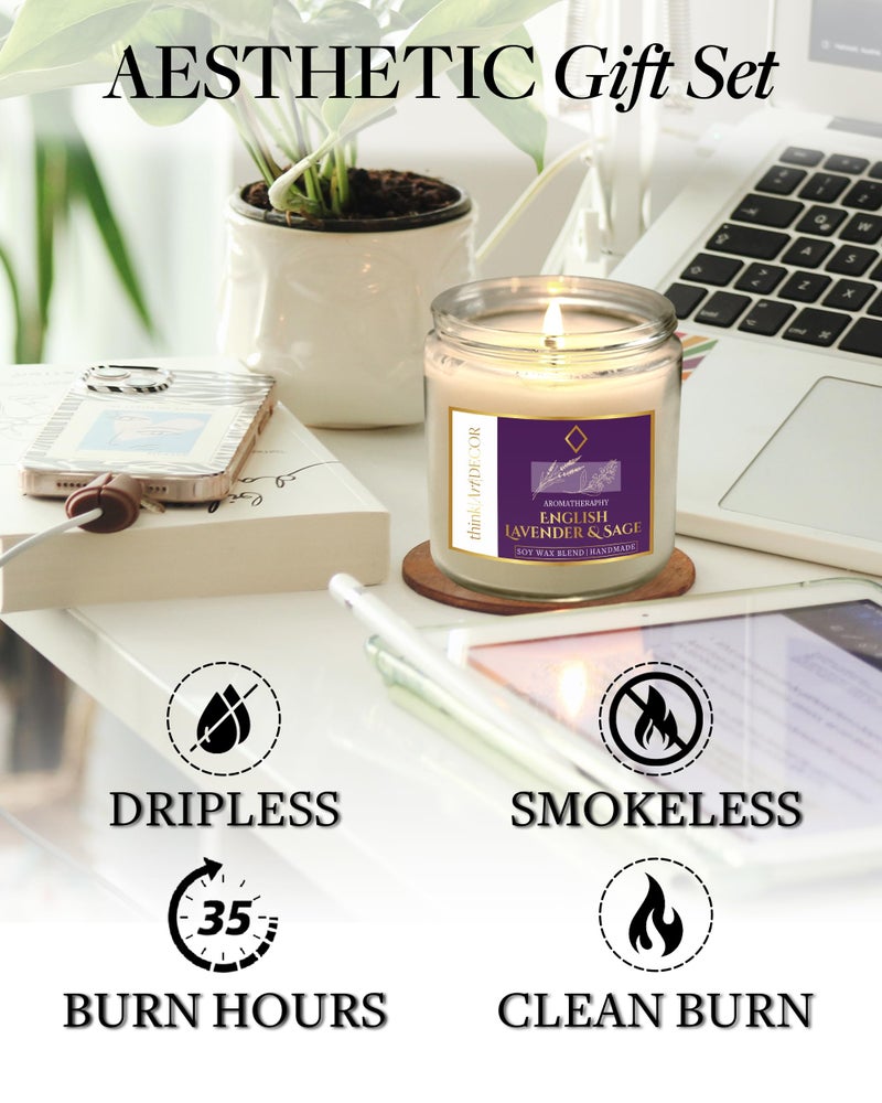 ThinkArtDecor Soy Wax Scented Candles for Home Decoration, Burn Time 35-40 Hrs, Luxury Fragrance Candles for Gifting, Aesthetic Glass Jar Aroma Therapy Candle (English Lavender & Sage) - Image 3