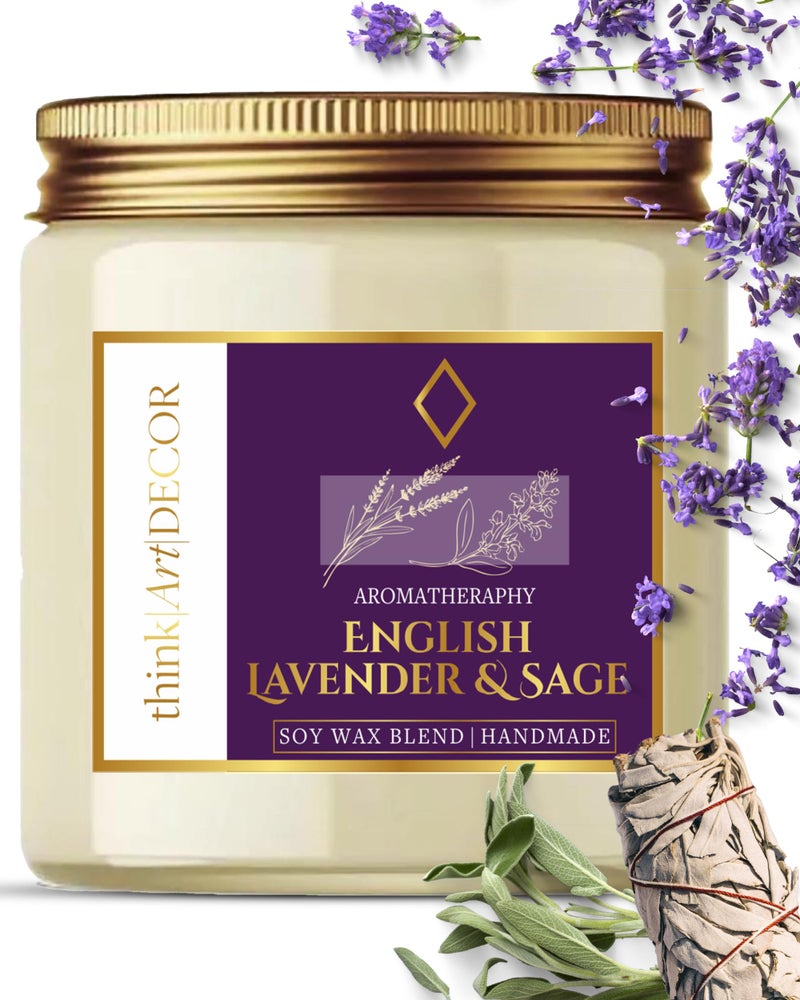 ThinkArtDecor Soy Wax Scented Candles for Home Decoration, Burn Time 35-40 Hrs, Luxury Fragrance Candles for Gifting, Aesthetic Glass Jar Aroma Therapy Candle (English Lavender & Sage) - Image 1